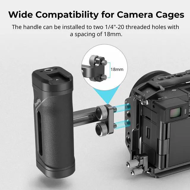 Alt view image 2 of 7 - Mini Side Handle for 1/4"-20 Threaded Holes, Camera Cage Handle for Left or Right Hand, Up and Down Adjustable, with Built-in Cold Shoe & Threaded Hole - 4755