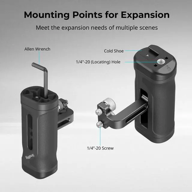 Alt view image 5 of 7 - Mini Side Handle for 1/4"-20 Threaded Holes, Camera Cage Handle for Left or Right Hand, Up and Down Adjustable, with Built-in Cold Shoe & Threaded Hole - 4755