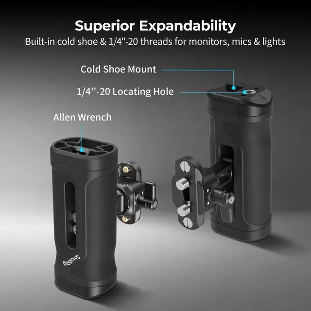 Alt view image 5 of 7 - Mini Side Handle with NATO Clamp & NATO Rail, for Left or Right Hand, Up and Down Adjustable, with Built-in Cold Shoe & Threaded Hole, Max. Load 10kg / 22lb