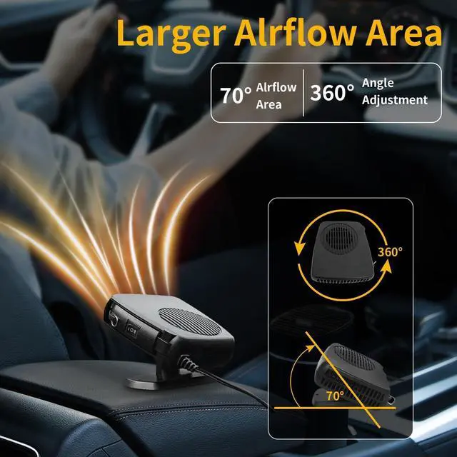 Alt view image 2 of 7 - 12V 200W Portable Car Heater & Windshield Defroster 2-in-1 Fast Heating & Cooling Fan with 360° Rotatable Base, Plug In Cigarette Lighter Car Heaters for Vehicle, Car, SUV, Truck & RV
