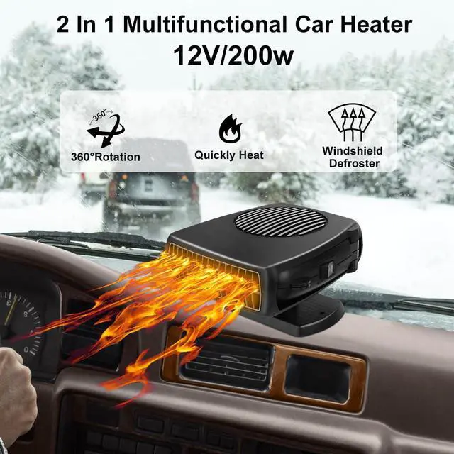 Alt view image 2 of 7 - Car Heater, 200W 12V Portable Windshield Defogger and Defroster2 in 1 Modes Fast Heating &Cooling Fanswith Cigarette Lighter Plug 360 Degree Rotary BaseBlack