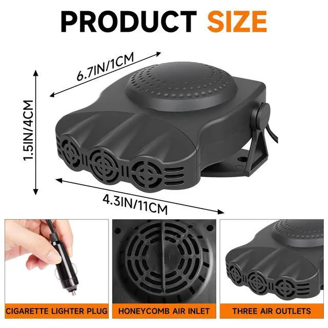 Alt view image 3 of 7 - Car Heater 12V 200W 2-in-1 Defroster & Defogger, Fast Heating, Large Airflow, 360° Rotation, Durable High-Temp Design for All 12V Vehicles