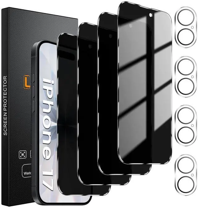 Main image of 4 Pack Privacy Screen Protector for iPhone 17 6.3-Inch with 4 Pack Camera Lens Protector, Anti Spy Tempered Glass Film 9H Hardness Bubble Free Case Friendly