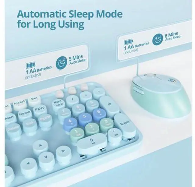 Alt view image 7 of 10 - Ussixchare Blue Keyboard and Mouse Combo Wireless Keyboard and Mouse Retro Typewriter Keyboard with Number Pad 2.4GHz Cute Mouse for Pc Laptop(Blue)