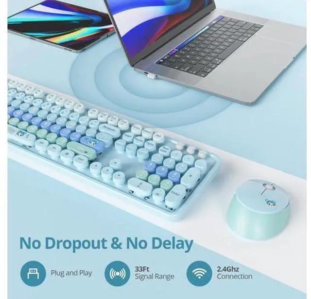 Alt view image 8 of 10 - Ussixchare Blue Keyboard and Mouse Combo Wireless Keyboard and Mouse Retro Typewriter Keyboard with Number Pad 2.4GHz Cute Mouse for Pc Laptop(Blue)