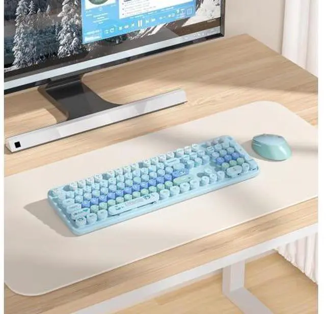 Alt view image 10 of 10 - Ussixchare Blue Keyboard and Mouse Combo Wireless Keyboard and Mouse Retro Typewriter Keyboard with Number Pad 2.4GHz Cute Mouse for Pc Laptop(Blue)