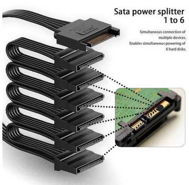 Alt view image 10 of 14 - Vszerda sata Power Splitter Cable 6 Way, 15 Pin SATA to 6 for HDDSSDOptical Drives, sata Power Connector Supply Extension Cable, Black