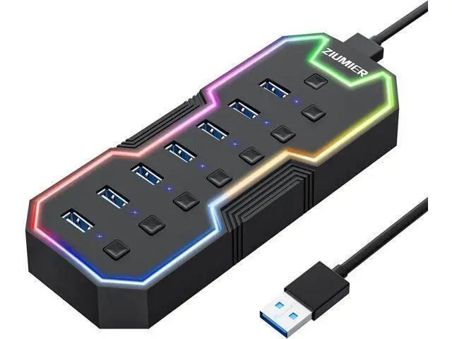 Alt view image 8 of 14 - USB 3.0 Hub 7 Ports USB Expander with RGB LED Strip USB Hub for Laptop Individual LED On/Off Switches for Mac PC Desktop Flash Drive Mobile HDD