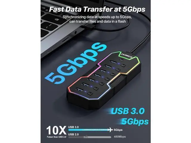 Alt view image 9 of 14 - USB 3.0 Hub 7 Ports USB Expander with RGB LED Strip USB Hub for Laptop Individual LED On/Off Switches for Mac PC Desktop Flash Drive Mobile HDD