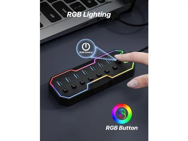 Alt view image 10 of 14 - USB 3.0 Hub 7 Ports USB Expander with RGB LED Strip USB Hub for Laptop Individual LED On/Off Switches for Mac PC Desktop Flash Drive Mobile HDD