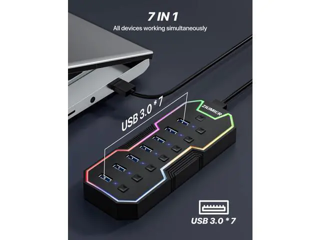 Alt view image 11 of 14 - USB 3.0 Hub 7 Ports USB Expander with RGB LED Strip USB Hub for Laptop Individual LED On/Off Switches for Mac PC Desktop Flash Drive Mobile HDD