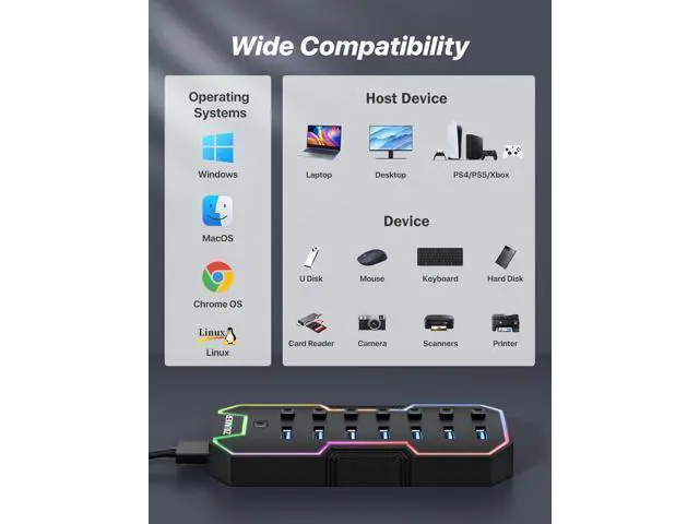 Alt view image 14 of 14 - USB 3.0 Hub 7 Ports USB Expander with RGB LED Strip USB Hub for Laptop Individual LED On/Off Switches for Mac PC Desktop Flash Drive Mobile HDD