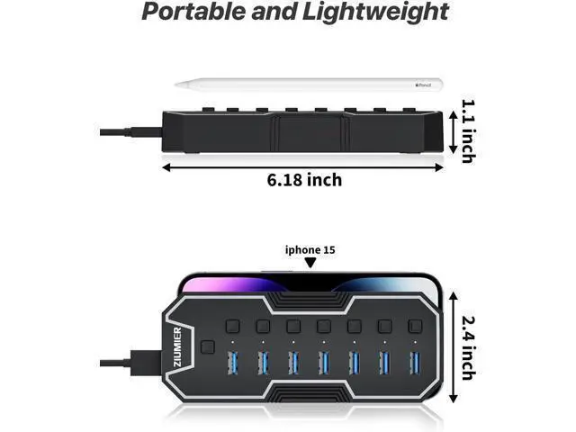 Alt view image 13 of 14 - USB 3.0 Hub 7 Ports USB Expander with RGB LED Strip USB Hub for Laptop Individual LED On/Off Switches for Mac PC Desktop Flash Drive Mobile HDD