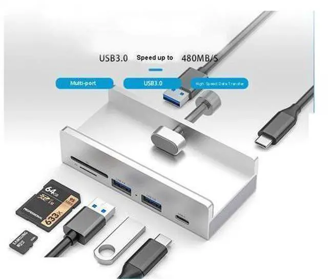 Alt view image 8 of 10 - RAMAHP USB 3.0 Hub, USB Hub Clamp, Aluminum 4-Port USB Splitter with Extra Power Supply Port, Desktop Powered USB Hub for Monitors/Desks 4 USB Black