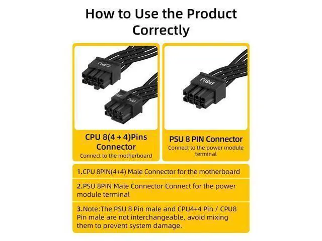 Alt view image 10 of 14 - Vszerda CPU Cable for Cor/sair PSUs,60CM CPU 8Pin to 8Pin PSUs to 20CM 8 Pin (4+4) CPU Power Cable,Male to Male CPU Power Cable for Modular Power Supply(Black,18AWG)