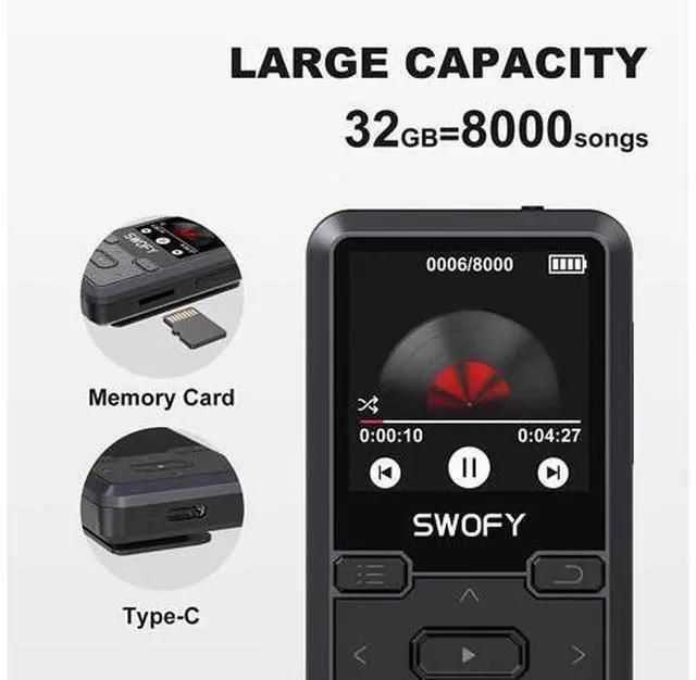 Alt view image 12 of 14 - 32GB Clip Mp3 Player with Bluetooth 5.0, Mini Portable Wearable Mp3 Player with FM Radio Recording, Music mp3 Player for Kids with Pedometer Mp3 and Mp4 Player, Max 128GB TF Card (Black).