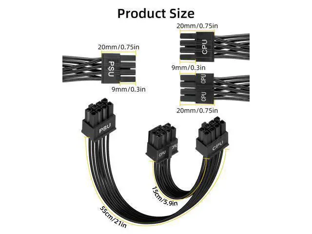 Alt view image 13 of 14 - Vszerda CPU Cable for Cor/sair PSUs,60CM CPU 8Pin to 8Pin PSUs to 20CM 8 Pin (4+4) CPU Power Cable,Male to Male CPU Power Cable for Modular Power Supply(Black,18AWG)