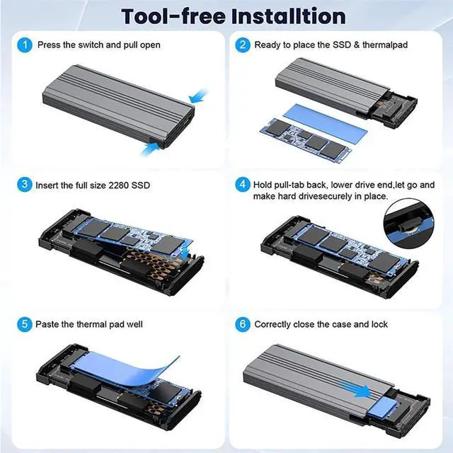 Alt view image 10 of 10 - Cablecc USB4 20Gbps Type-C USB3.2 to NGFF M-Key M.2 NVME SATA SSD PCBA Enclosure 2280/2242/2260mm RTL9220