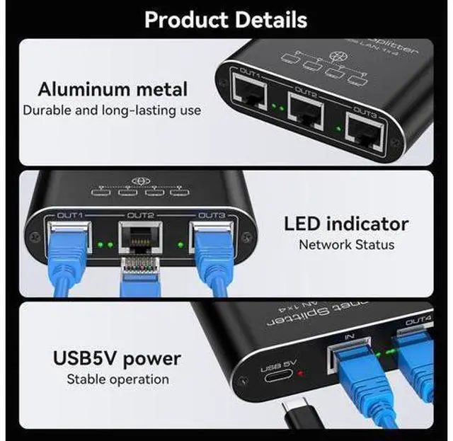 Alt view image 13 of 14 - Ethernet Splitter 1 to 4 1000Mbps Internet Splitter LAN Splitter Either Network Splitter Ethernet Switch Suitable for Cat6/7/8 Cable