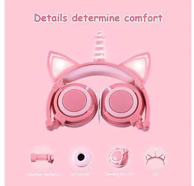 Alt view image 8 of 10 - isightguard Kids Headphones, Unicorn Headphones Wired Headphones,On Ear, Cat Ear Headphones with LED for Girls, 3.5mm Audio Jack for Cell Phone