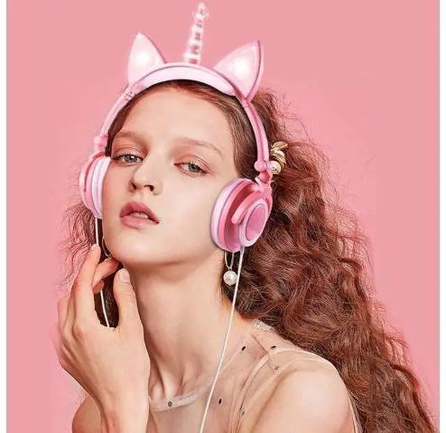 Alt view image 7 of 10 - isightguard Kids Headphones, Unicorn Headphones Wired Headphones,On Ear, Cat Ear Headphones with LED for Girls, 3.5mm Audio Jack for Cell Phone