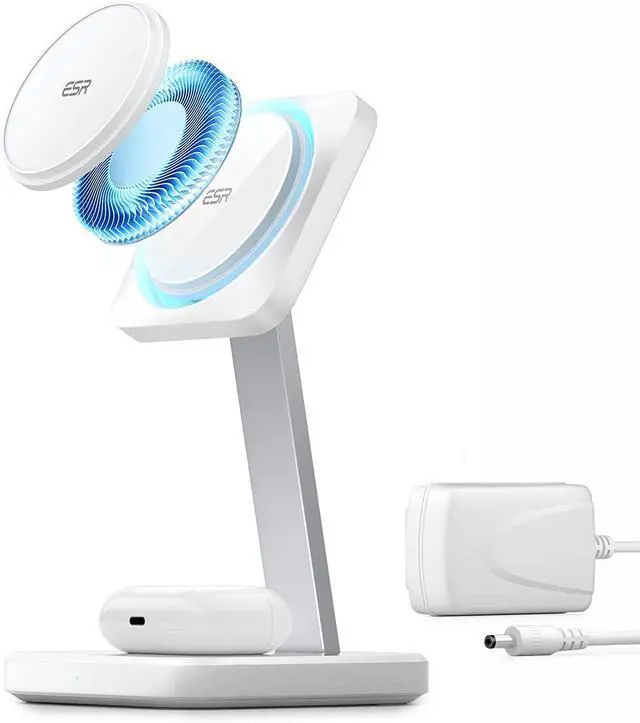 Alt view image 8 of 14 - ESR HaloLock 2-in-1 Wireless Charger with CryoBoost, Compatible with MagSafe Charger Stand, Phone-Cooling Fast Charging Compatible with iPhone 14/13/12, AirPods Pro/3/2, with Adapter, Arctic White