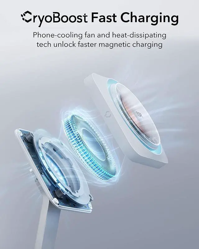 Alt view image 9 of 14 - ESR HaloLock 2-in-1 Wireless Charger with CryoBoost, Compatible with MagSafe Charger Stand, Phone-Cooling Fast Charging Compatible with iPhone 14/13/12, AirPods Pro/3/2, with Adapter, Arctic White