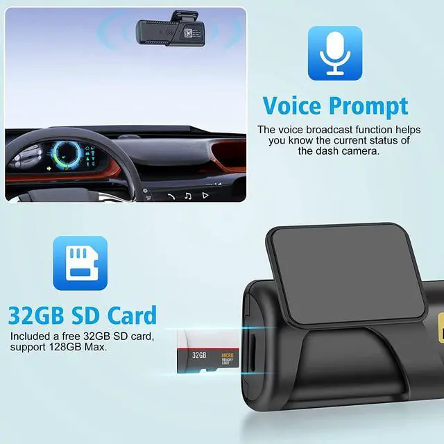 Alt view image 14 of 14 - Dash Cam, 2K WiFi FHD 1080P Dash Camera for Cars, Mini Car Camera, Dash Cam Front with 160° Wide Angle, 32GB SD Card, Night Vision, Loop Recording, 24H Parking Monitor, Support 128GB Max