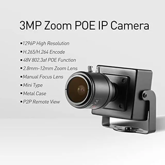 Alt view image 7 of 10 - Revotech Zoom Mini POE IP Camera, HD 3MP Indoor Security Camera 2.8-12mm Manual Zoom Lens P2P Remote View CCTV Video Cam H.265 (I712-P Black)