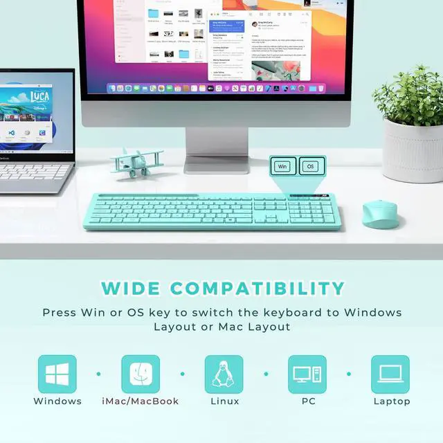 Alt view image 8 of 10 - Vivefox Teal Wireless Keyboard with Phone Holder USB A & Type C Receiver Mint Keyboard and Mouse Compatible for Windows, Mac, MacBook/Air/Pro Computer, Green