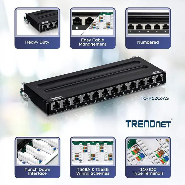 Alt view image 9 of 14 - TRENDnet 12-Port Cat6A Shielded Patch Panel, 10G Ready, Cat5e,Cat6,Cat6A Compatible, Metal Housing, Color-Coded Labeling for T568A and T568B Wiring,Cable Management,Wall Mountable, Black,TC-P12C6AS