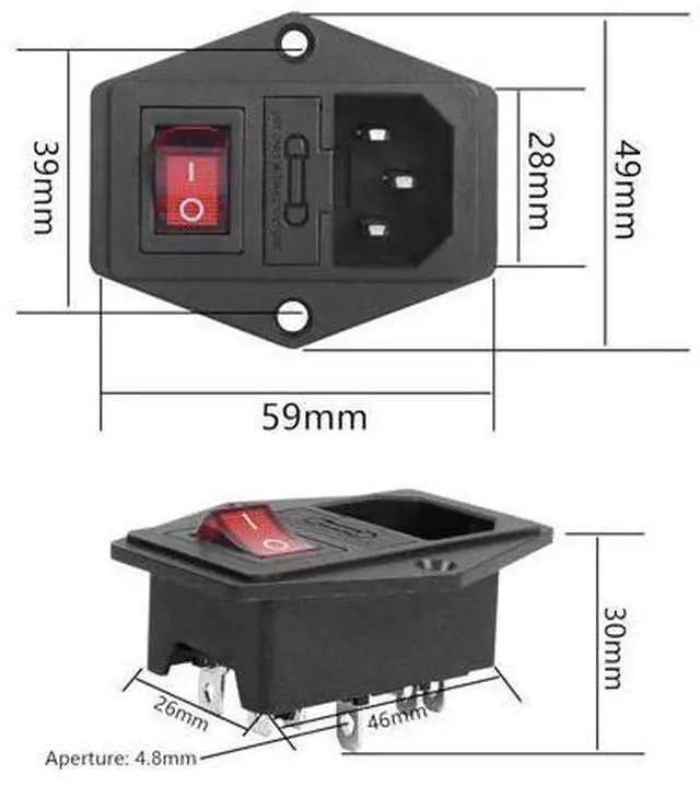 Alt view image 14 of 14 - 10A 250V Rocker Switch Power Socket Inlet Module Plug 10A Fuse with Indicator Light 3 Pin IEC320 C14 for Household Appliances or DIY Device(2-Pack)
