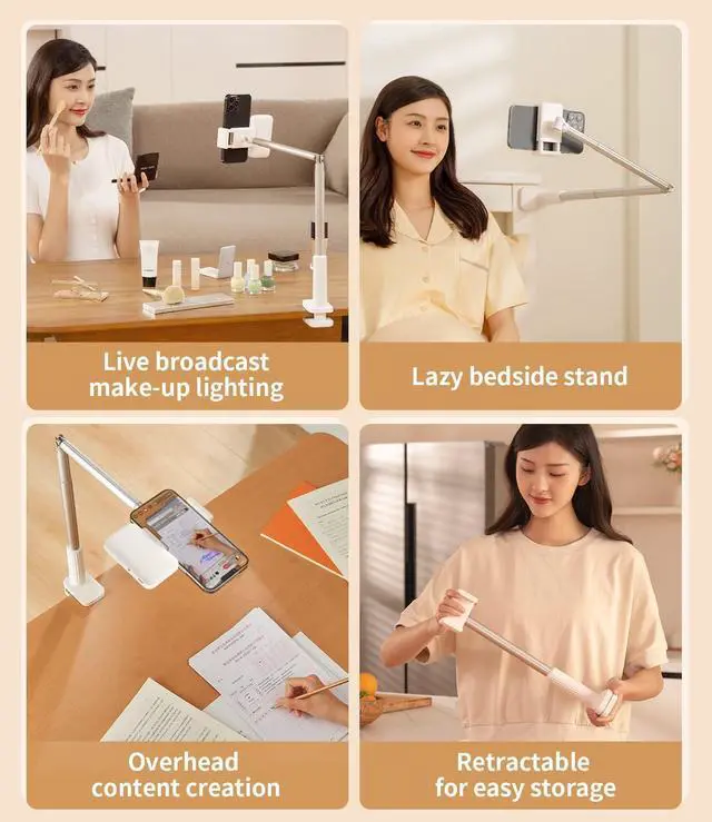 Alt view image 9 of 14 - yAyusi Overhead Phone Mount for Recording,Phone Stand for Recording Overhead,Articulating Arm Cell Phone Holder with LED Ring Light,Desk/Bedside Tripod for YouTube Live Stream Cooking Video Recording