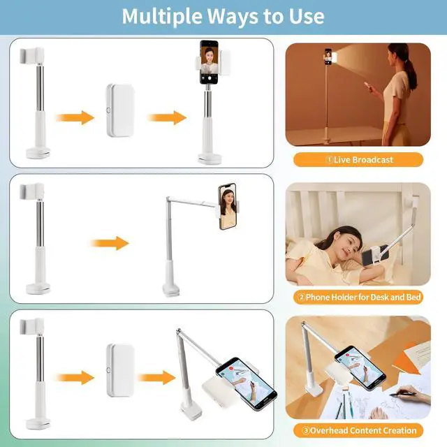 Alt view image 12 of 14 - yAyusi Overhead Phone Mount for Recording,Phone Stand for Recording Overhead,Articulating Arm Cell Phone Holder with LED Ring Light,Desk/Bedside Tripod for YouTube Live Stream Cooking Video Recording