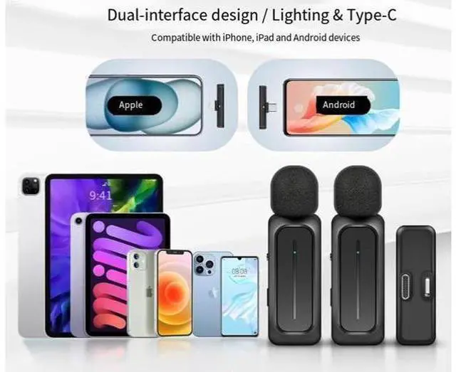 Alt view image 7 of 8 - Mobile phone live broadcast microphone for outdoor interviews, noise reduction microphone cable, charging case, wireless collar microphone