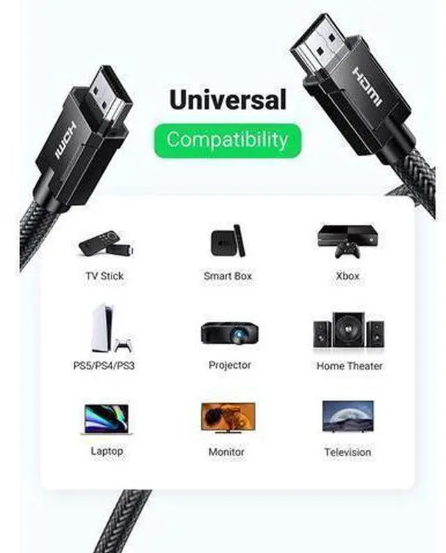 Alt view image 14 of 14 - UGREEN 8K HDMI 2.1 Certified Cable 48Gbps Ultra High Speed 4K 120Hz HDMI Cable Durable Nylon Braided HDMI Cord Support Dynamic HDR eARC Compatible for PS5 Xbox One Nintendo Switch TV Roku 16 FT