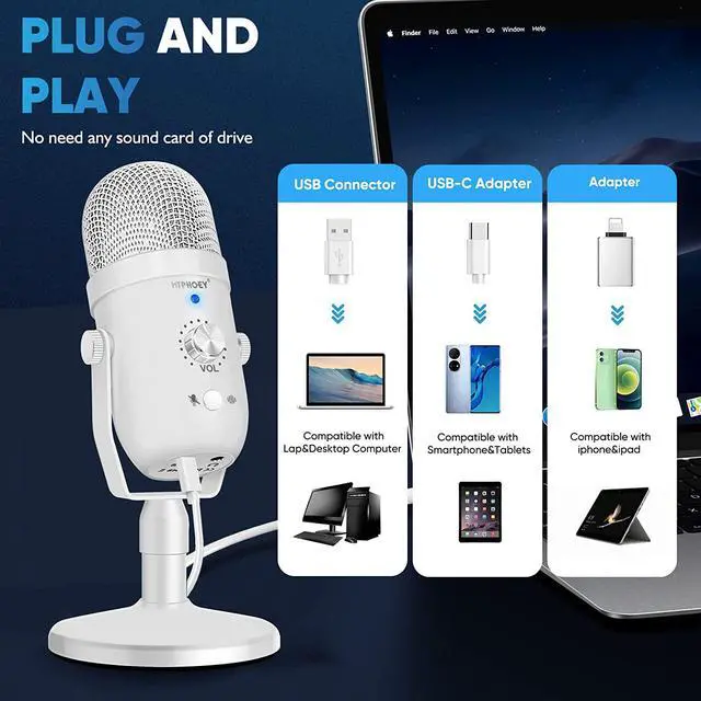 Alt view image 6 of 8 - Podcast Microphone for Phone, Professional Metal USB Microphone for PC/Pad/PS4/i*O*S/Android,Computer Mic with Noise Cancelling,Asmr Microphone Plug&Play for Streaming,Podcast,Gaming,TikTok
