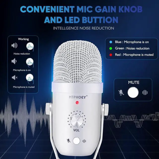 Alt view image 8 of 8 - Podcast Microphone for Phone, Professional Metal USB Microphone for PC/Pad/PS4/i*O*S/Android,Computer Mic with Noise Cancelling,Asmr Microphone Plug&Play for Streaming,Podcast,Gaming,TikTok