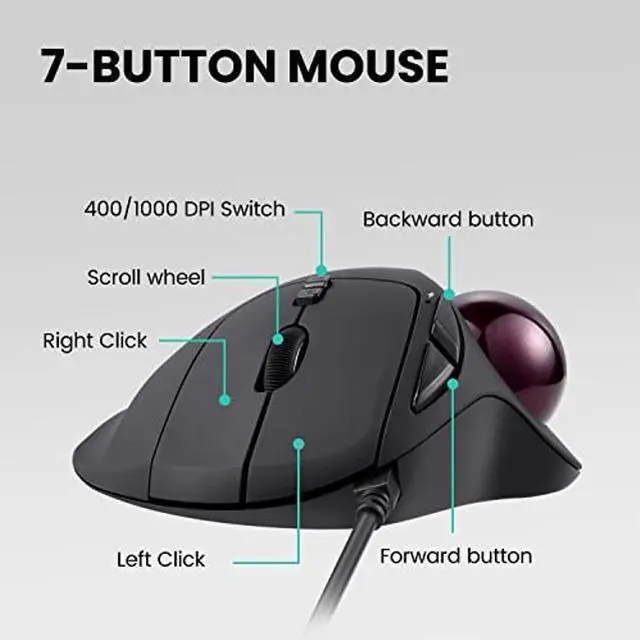 Alt view image 7 of 10 - Perixx Perimice-517 Wired Trackball USB Mouse, 7 Button Design, Build-in 1.34 Inch Trackball with Pointing Feature