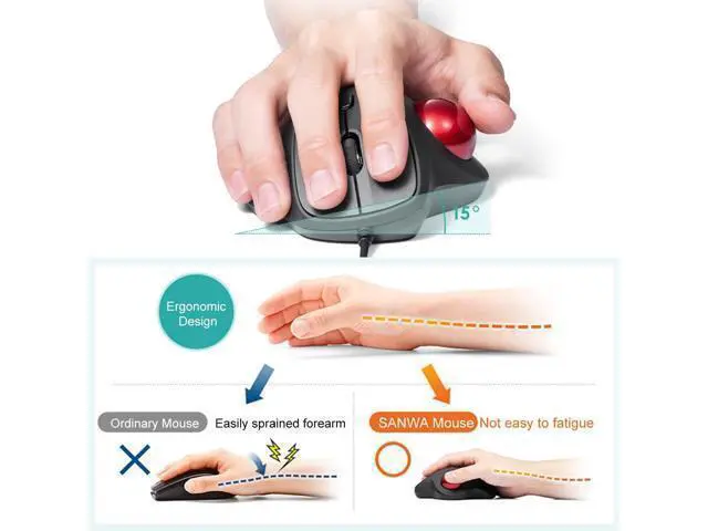 Alt view image 12 of 14 - SANWA Wired Ergonomic Trackball Mouse, Optical Vertical Rollerball Mice, Silent Buttons, 34mm Trackball, 600/800/1200/1600 Adjustable DPI, Compatible with MacBook, Laptop, Computer, Windows, macOS