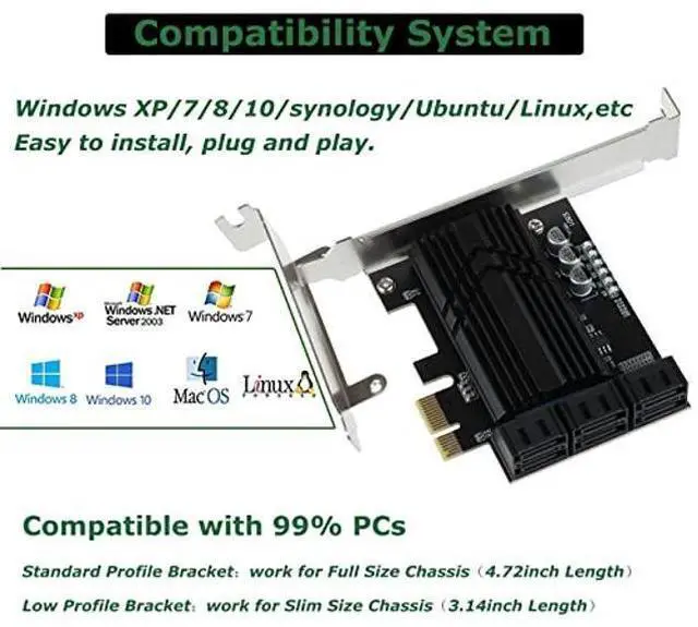 Alt view image 12 of 12 - ASM1166 PCIe X1 SATA Card 6 Ports, Non Raid, Joylifeboard PCIE SATA III Controller Expansion Card 6 Gbps, Support 6 SATA 3.0 Devices, PCIe SATA Card with 6 SATA Cables+Thin Bracket