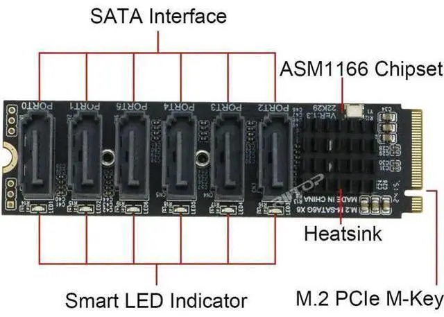 Alt view image 11 of 14 - M.2 NVMe to SATA 3.0 Adapter Card, M.2 M EKY PCIE3.0 to SATA 6 Port Adapter Card, ASM1166 6Gbps , Come with 6x SATA3.0 Cable