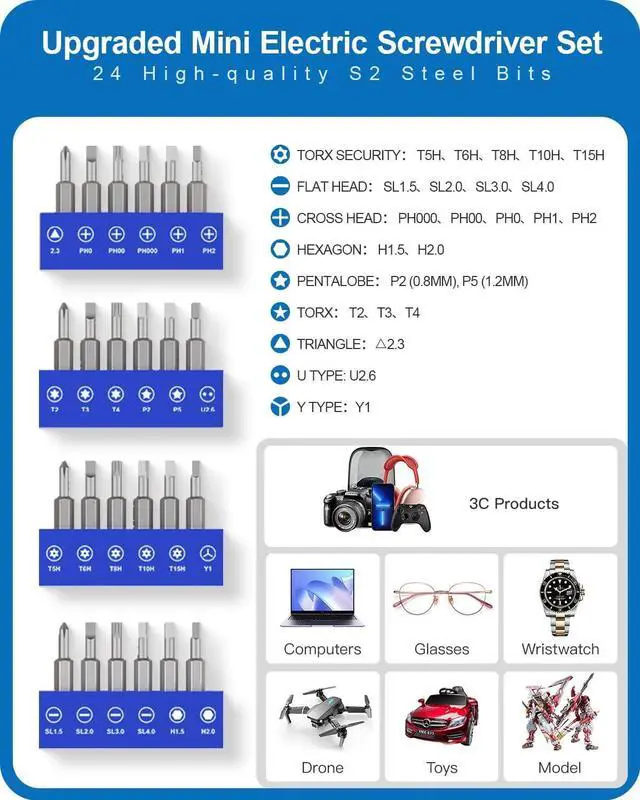 Alt view image 11 of 14 - Kingsdun Precision Electric Screwdriver, Power Screwdriver Set with Magnetic Bits, Rechargeable Repair Tool Kit for Camera Conputers Laptops Toys (28 - Silver)