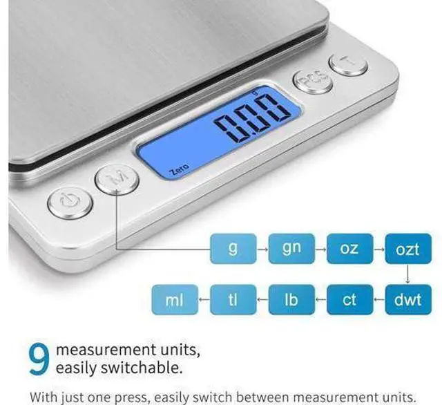 Alt view image 9 of 12 - Toprime Digital Gram Scale 500g 0.01g Food Scale High Precision Kitchen Scale Multifunctional Stainless Steel Pocket Scale with Back-Lit LCD Display Tare PCS Features Silver