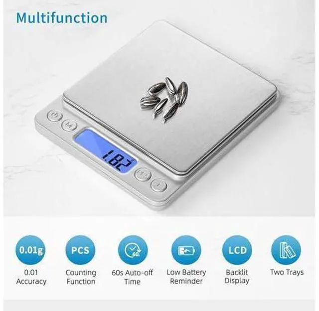 Alt view image 11 of 12 - Toprime Digital Gram Scale 500g 0.01g Food Scale High Precision Kitchen Scale Multifunctional Stainless Steel Pocket Scale with Back-Lit LCD Display Tare PCS Features Silver