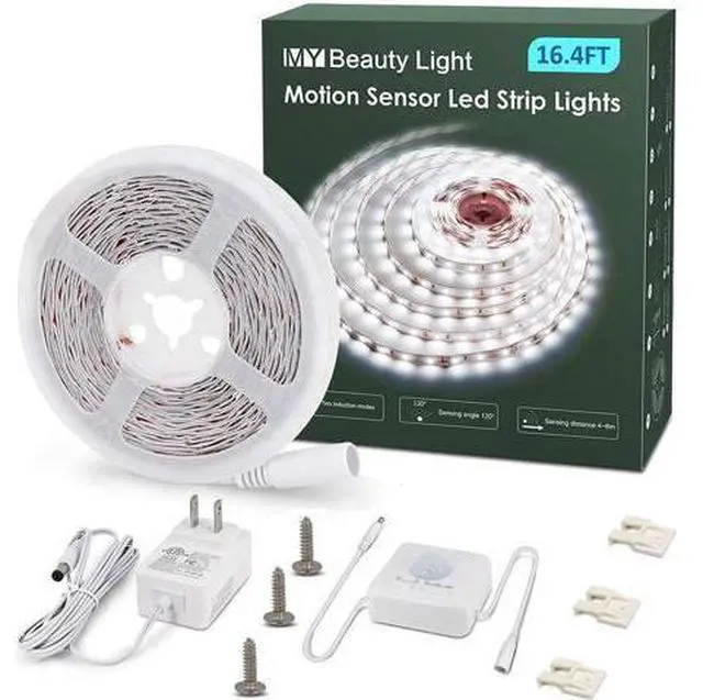 Alt view image 8 of 14 - Motion Activated LED Strip Lights 16.4ft LED Light Strip with Day or Night 2 Lighting Modes 3 Timing Off Modes Bright White 12v Plug-in LED Rope Lights for Under Cabinet Kitchen