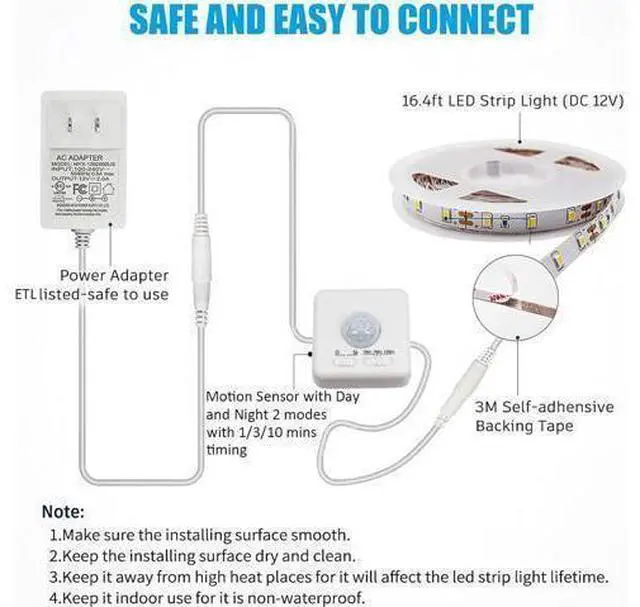 Alt view image 13 of 14 - Motion Activated LED Strip Lights 16.4ft LED Light Strip with Day or Night 2 Lighting Modes 3 Timing Off Modes Bright White 12v Plug-in LED Rope Lights for Under Cabinet Kitchen