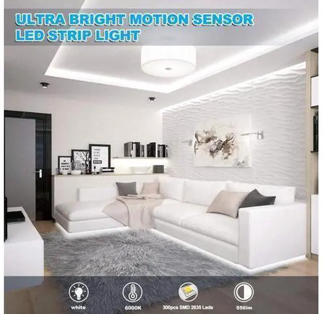Alt view image 9 of 14 - Motion Activated LED Strip Lights 16.4ft LED Light Strip with Day or Night 2 Lighting Modes 3 Timing Off Modes Bright White 12v Plug-in LED Rope Lights for Under Cabinet Kitchen
