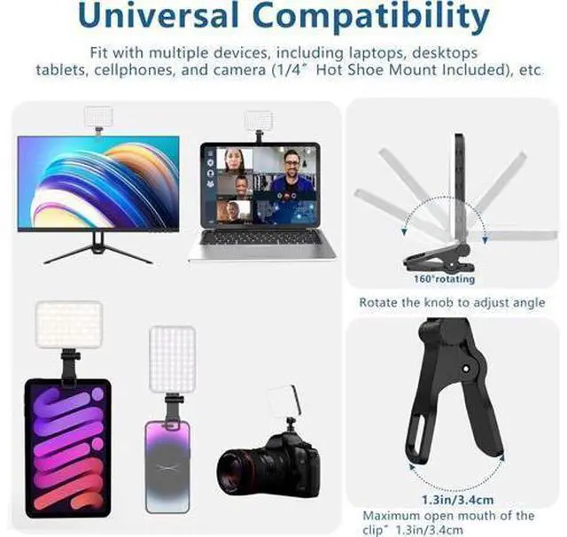 Alt view image 8 of 12 - 60 LED Portable Selfie Light Video Conference Lighting with Clip & Camera Tripod Adapter Rechargeable 2200mAh CRI 97+, 3 Light Modes for Phone iPhone Webcam Laptop Photo Makeup