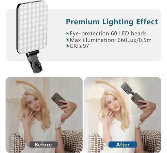 Alt view image 10 of 12 - 60 LED Portable Selfie Light Video Conference Lighting with Clip & Camera Tripod Adapter Rechargeable 2200mAh CRI 97+, 3 Light Modes for Phone iPhone Webcam Laptop Photo Makeup